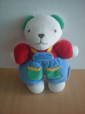 Doudou Ours Nounours Rouge salopette bleu 