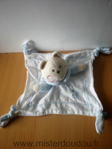 Doudou Ours Nounours Tissus blanc bleu brode bebe 