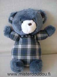 Doudou Ours Nounours Tissus carreau bleu marine blanc tête peluche bleu Yeux bleus clairs