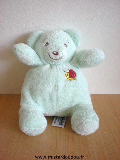 Doudou Ours Nounours Vert avec coccinelle rouge brodée 