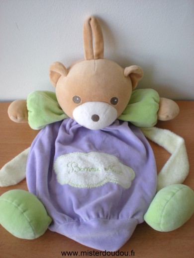 Doudou Ours Nounours Violet vert brodé Poche range pyjama dans le dos