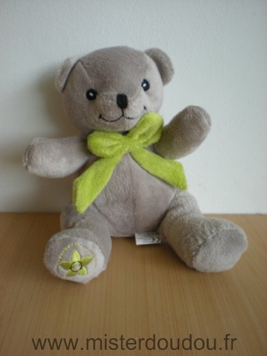 Doudou Ours Oia Gris noeuf vert fleur 