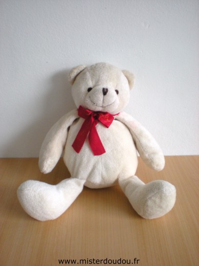 Doudou Ours Passion beauté Ecru ruban rouge 