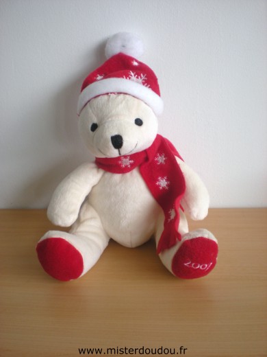 Doudou Ours Passion beauté Ours 2007 beige bonnet echarpe rouge noel 