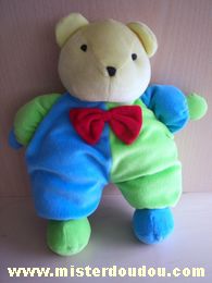 Doudou Ours Petipouce Bleu vert jaune noeud rouge 