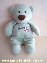 Doudou Ours Planet pluch Vert avec brodé une fleur rose et love 