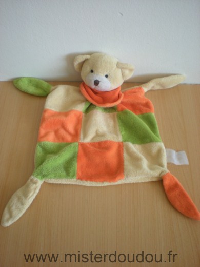 Doudou Ours Playkids Orange jaune vert foulard orange 