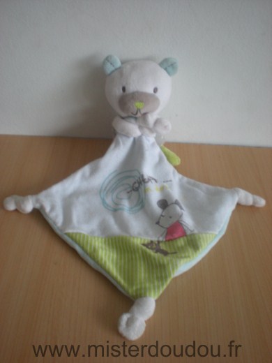 Doudou Ours Pommette Blanc  gris bleu motif souris 