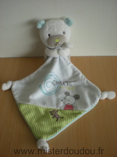 Doudou Ours Pommette Blanc gris mouchoir blanc bleu chut on dort 