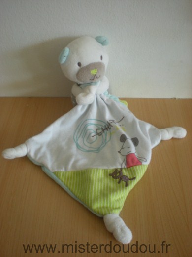 Doudou Ours Pommette Blanc gris mouchoir bleu chut on dort 