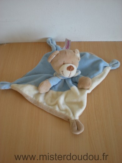 Doudou Ours Pommette Bleu ecru beige 