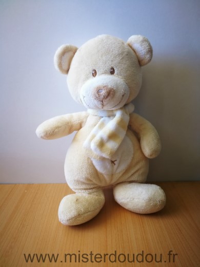 Doudou Ours Pommette Jaune blanc echarpe rayee 