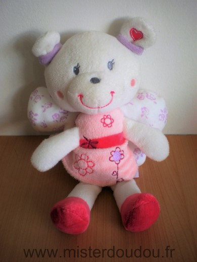 Doudou Ours Pommette Robe rose fleurs ailes papillon 