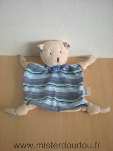 Doudou Ours Pommette Tissus rayé bleu devant, velours beige derriere 