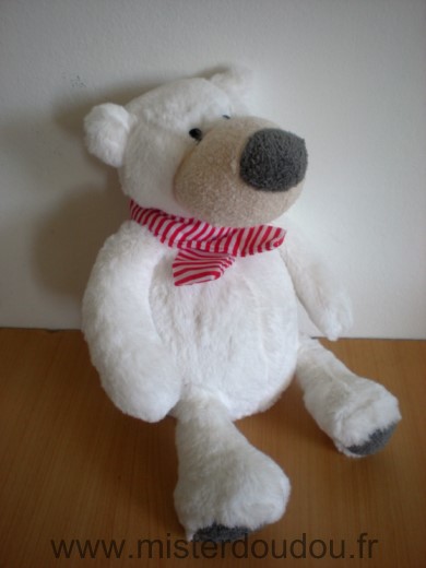 Doudou Ours Primatis Blanc gris echarpe rayee rouge 