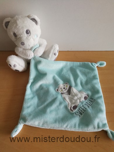 Doudou Ours Simba toy Blanc mouchoir bleu sweat dream 