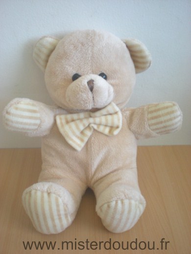 Doudou Ours Startoy Beige noeud rayé ecru beige 