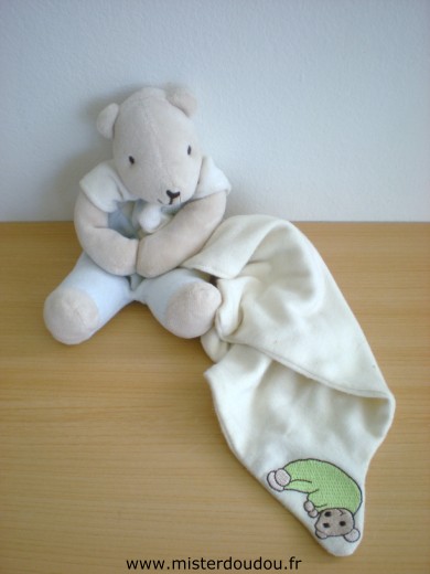 Doudou Ours Sucre d orge Beige bleu mouchoir ecru avec ours vert brodé 