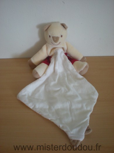 Doudou Ours Sucre d orge Beige rouge mouchoir écru 