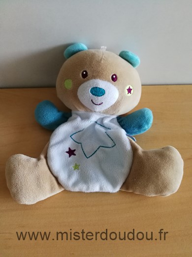 Doudou Ours Sucre d orge Blanc bleu beige etoile 