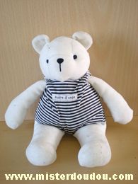 Doudou Ours Sucre d orge Blanc habit rayé bleu blanc 