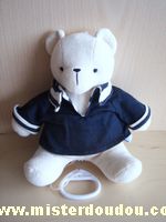 Doudou Ours Sucre d orge Blanc tshirt bleu marine Bon état général sauf la boite à musique cassée