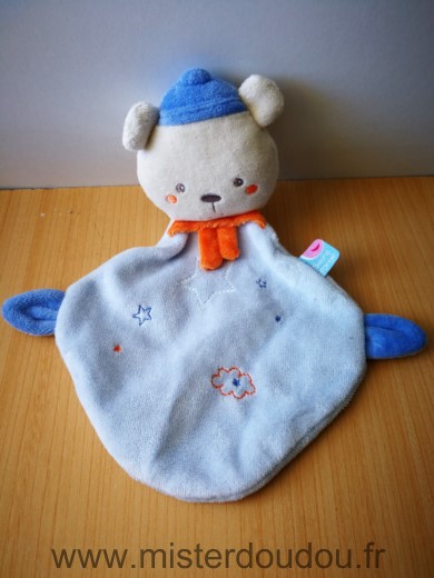 Doudou Ours Sucre d orge Bleu etoiles echarpe orange 