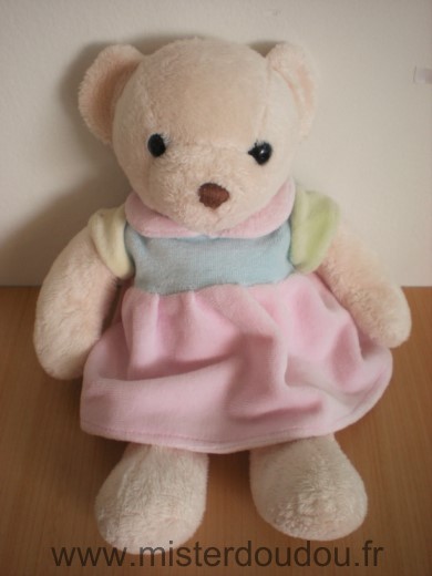 Doudou Ours Systeme u Beige robe rose bleue 
