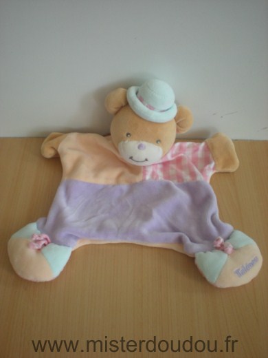 Doudou Ours Takinou Rose mauve chapeau bleu 