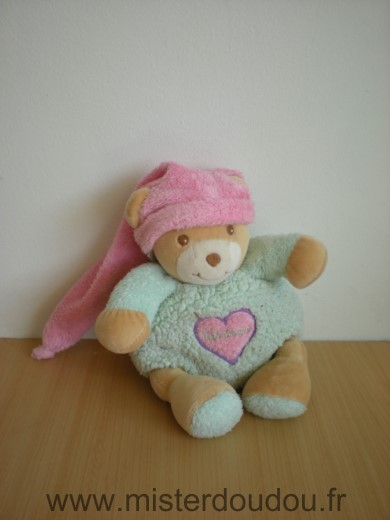 Doudou Ours Takinou Vert coeur rose bonnet rose 