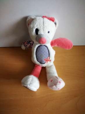 Doudou Ours Tape à l oeil Blanc rose croix noeud 