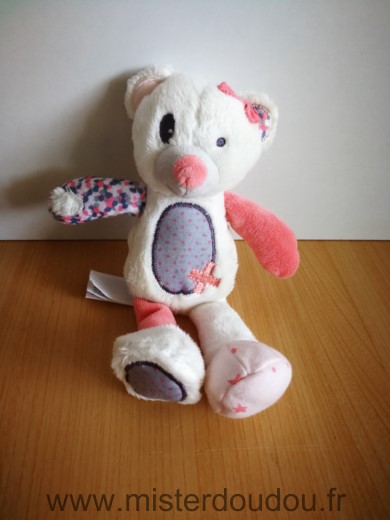 Doudou Ours Tape à l oeil Blanc rose gris croix 