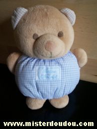 Doudou Ours Tartine et chocolat Beige et vichy bleu 