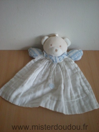 Doudou Ours Tartine et chocolat Bleu blanc lange blanc 