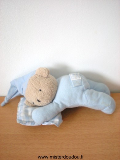 Doudou Ours Tartine et chocolat Ours bleu bonnet bleu coussin bleu blanc 