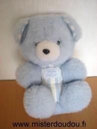 Doudou Ours Tartine et chocolat Peluche bleue tissus rayé bleu blanc yeux bleus 