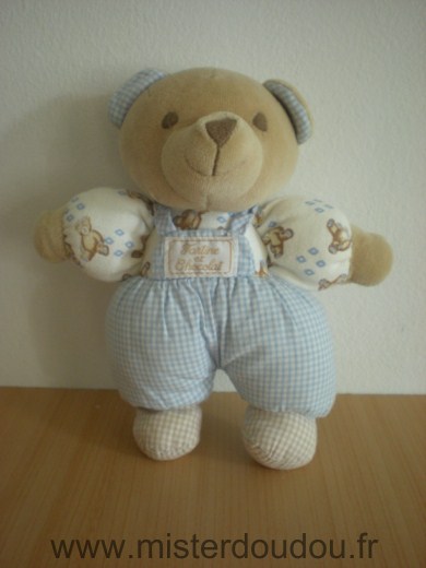 Doudou Ours Tartine et chocolat Salopette vichy bleu 