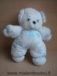 Doudou Ours Tartine et chocolat Tissus motif oiseaux peluche blanche yeux bleus clairs 