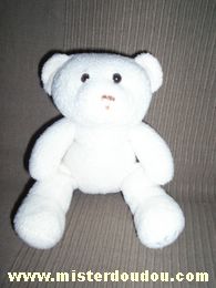 Doudou Ours Tcf Blanc écru Ecrit tdc sur la patte ( tout compte fait ) , yeux billes , nez brodé rose , bouche brodée rose