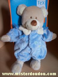 Doudou Ours Tex Beige Avec pyjama bleu que l'on peut enlever, il se ferme avec un scratche