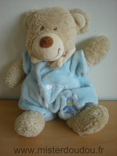 Doudou Ours Tex Beige habit bleu motif lapin nuage 