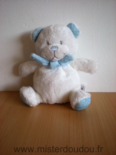 Doudou Ours Tex Blanc echarpe bleue points blanc 