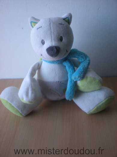 Doudou Ours Tex Blanc gris echarpe bleue 