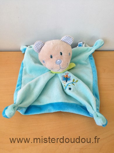 Doudou Ours Tex Bleu echarpe verte papillon 