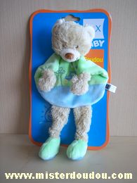 Doudou Ours Tex Bleu vert avec brodé un tracteur et des arbres 