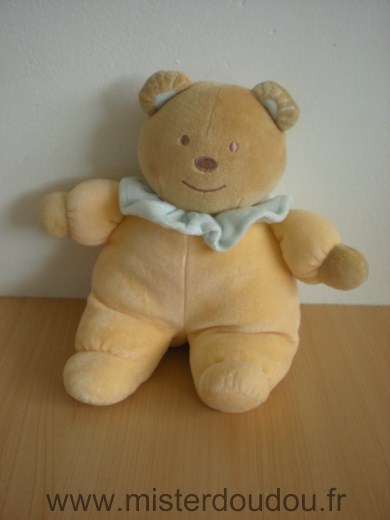 Doudou Ours Tex Jaune saumon col bleu 