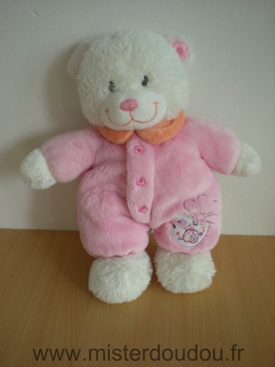 Doudou Ours Tex Rose blanc col orange 