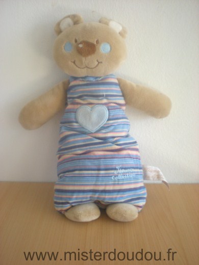 Doudou Ours Tiamo Beige rayures bleu jaune rose 