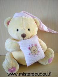 Doudou Ours Trendtoys Jaune coussin rose bonnet rose écrit 