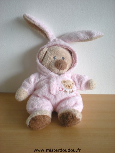 Doudou Ours Ty Ours beige déguisé en lapin rose 